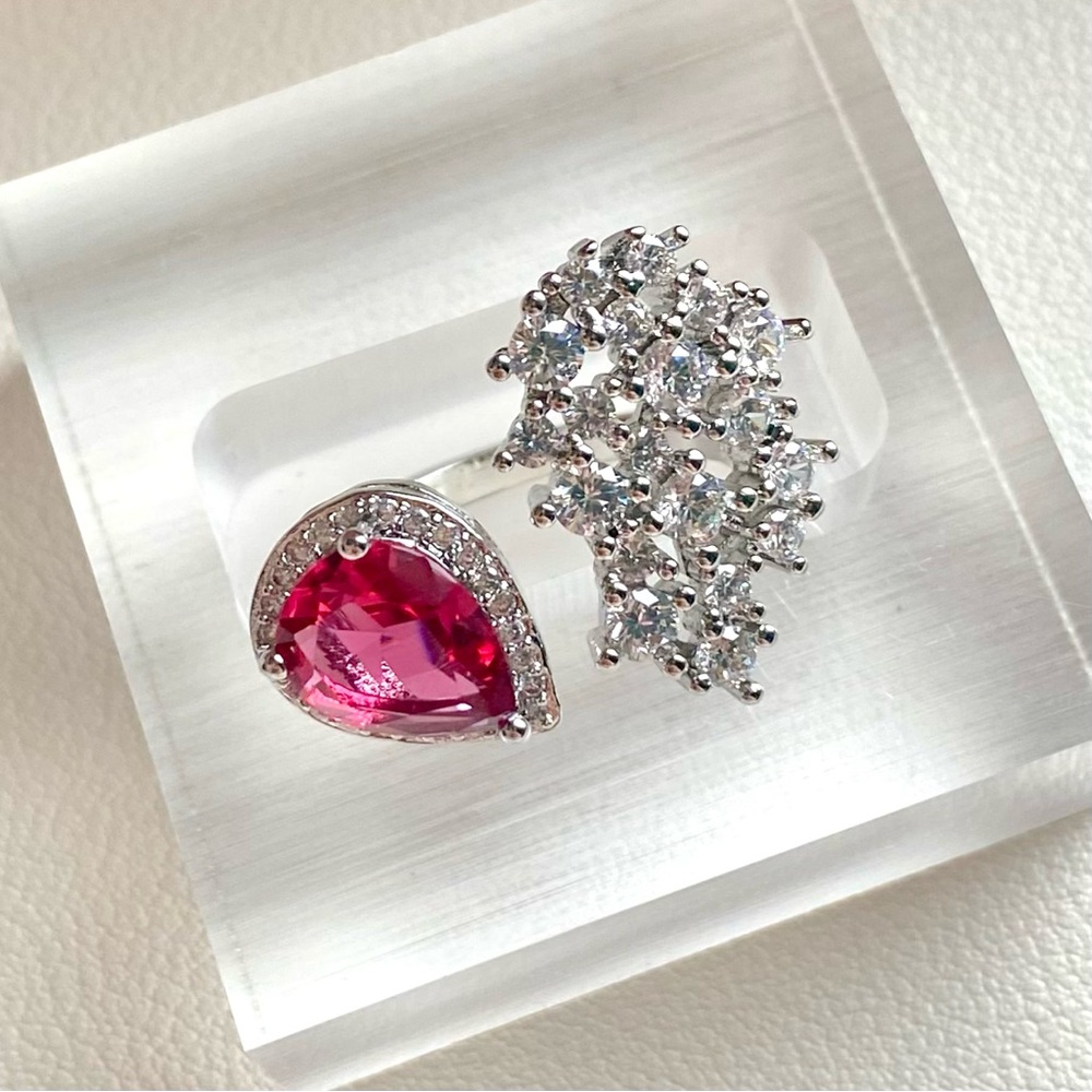 Silver Ring with Pink Teardrop Gem and Clear CZ Cluster